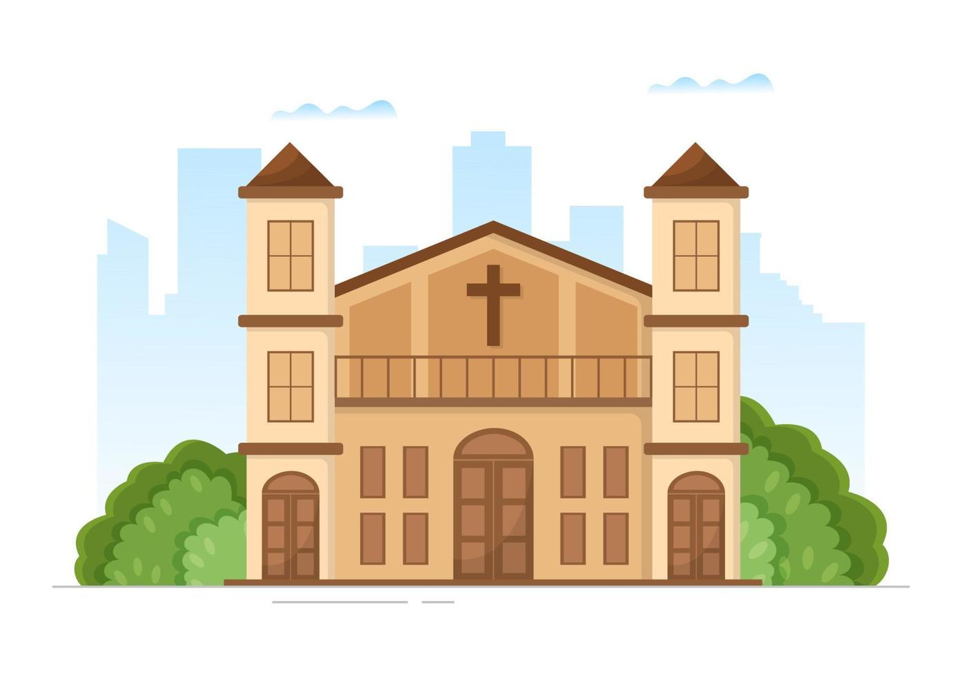 lutheran kyrka med katedral tempel byggnad och kristen religion plats arkitektur i platt tecknad serie hand dragen mall illustration vektor