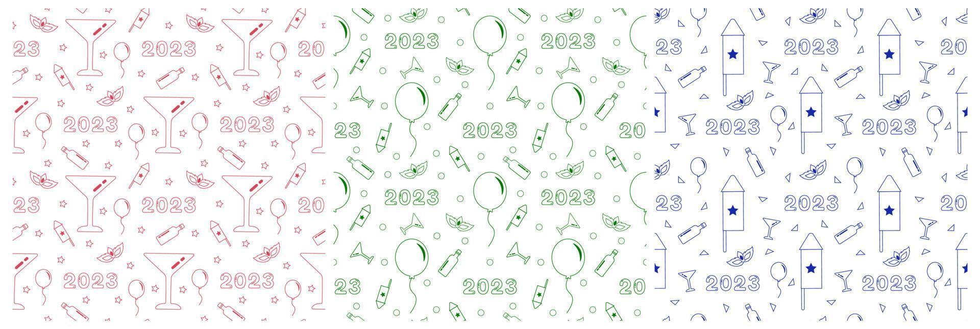 uppsättning av Lycklig ny år 2023 sömlös mönster design med dekoration i mall hand dragen tecknad serie platt illustration vektor