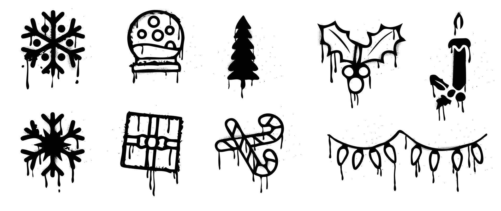 uppsättning av jul element spray måla vektor. graffiti, grunge element av tall träd, snöflinga, kristall snöboll, järnek, gåva på vit bakgrund. design illustration för dekoration, kort, klistermärke. vektor