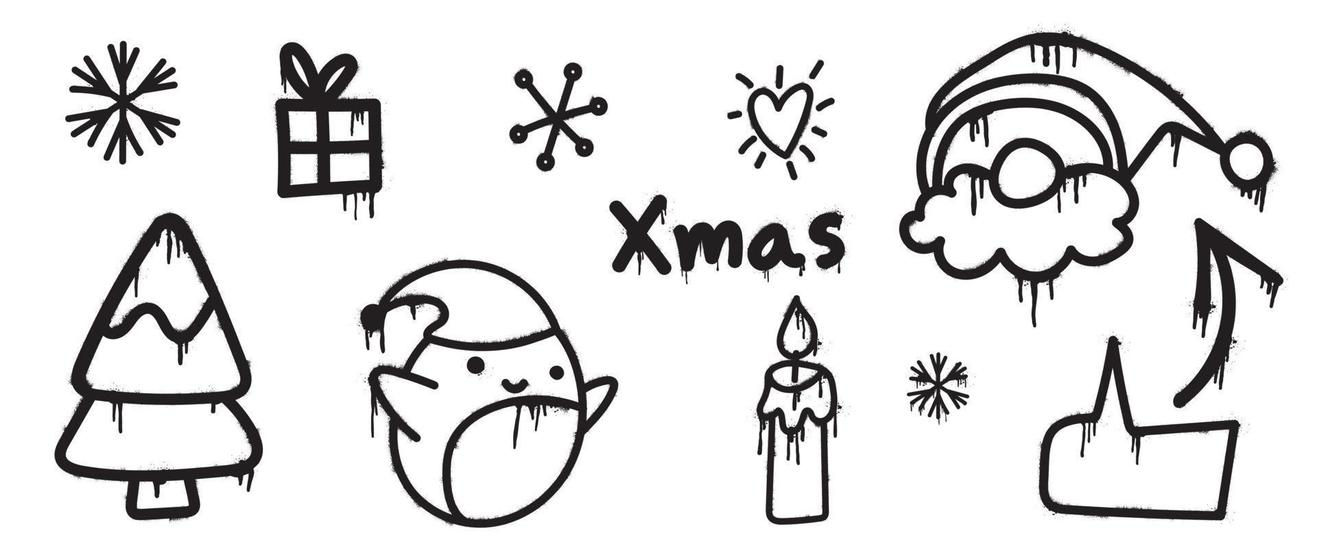 uppsättning av jul element svart spray måla vektor. graffiti, grunge element av snöflinga, tomte, pingvin, träd, ljus ljus på vit bakgrund. design illustration för dekoration, kort, klistermärke. vektor