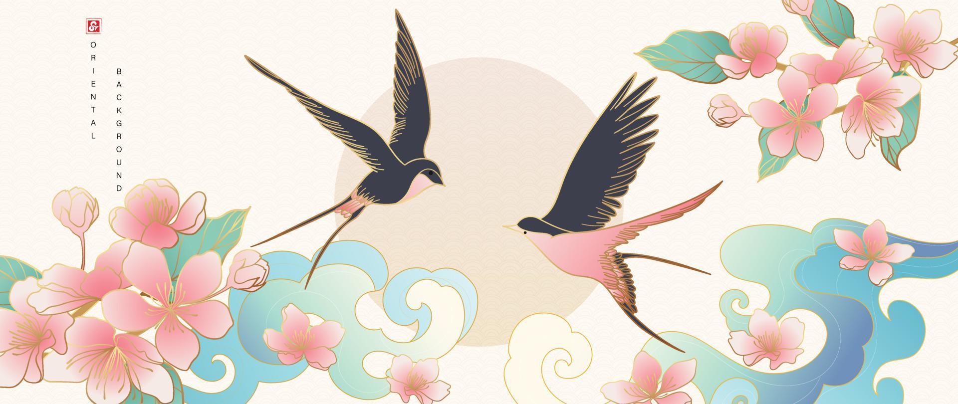Luxus Gold orientalischen Stil Hintergrundvektor. chinesisches und japanisches tapetendesign aus eleganten schwalbenvögeln und kirschblütenblumen mit verlaufsgoldlinienstruktur zur dekoration, wanddekoration. vektor
