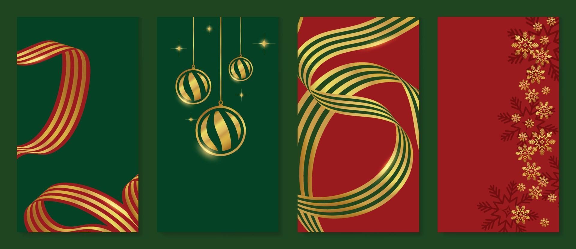 uppsättning av lyx jul mall affisch. lutning gyllene jul element av snöflinga, struntsak boll, gnistra, rand band. design illustration för baner, kort, social media, reklam, hemsida. vektor