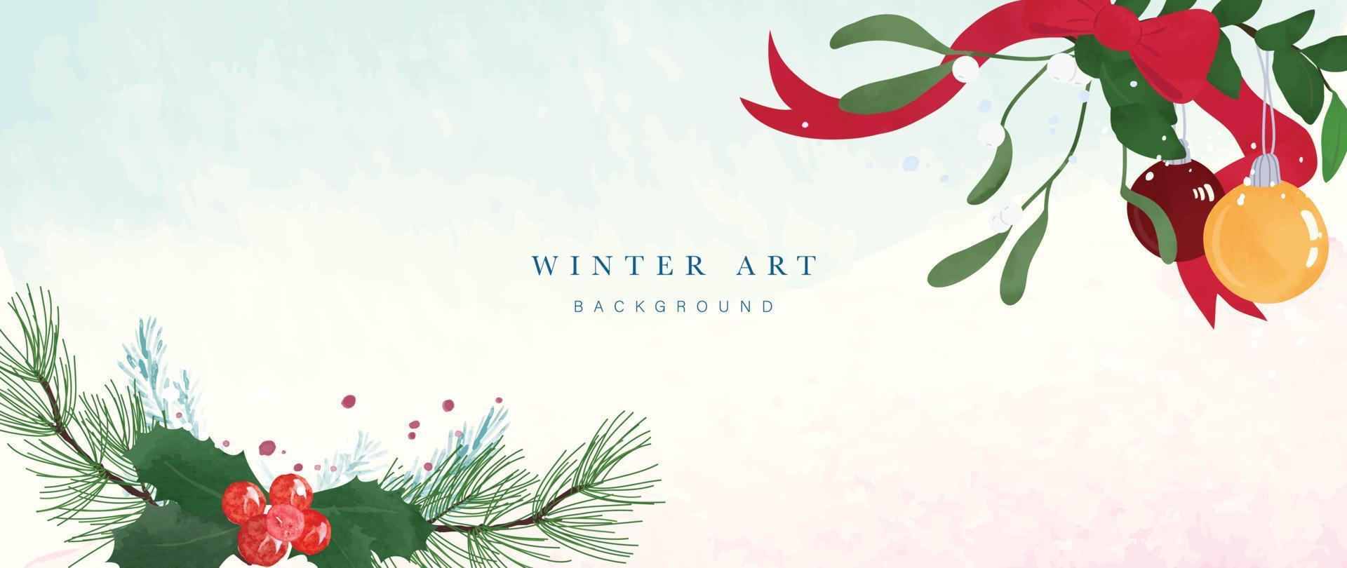 weihnachten und aquarell winter botanische blätter hintergrund vektor. dekorative handbemalte kiefernblätter, stechpalme, beere, band, mistel, kugel. design für tapete, cover, einladungskarte, poster. vektor