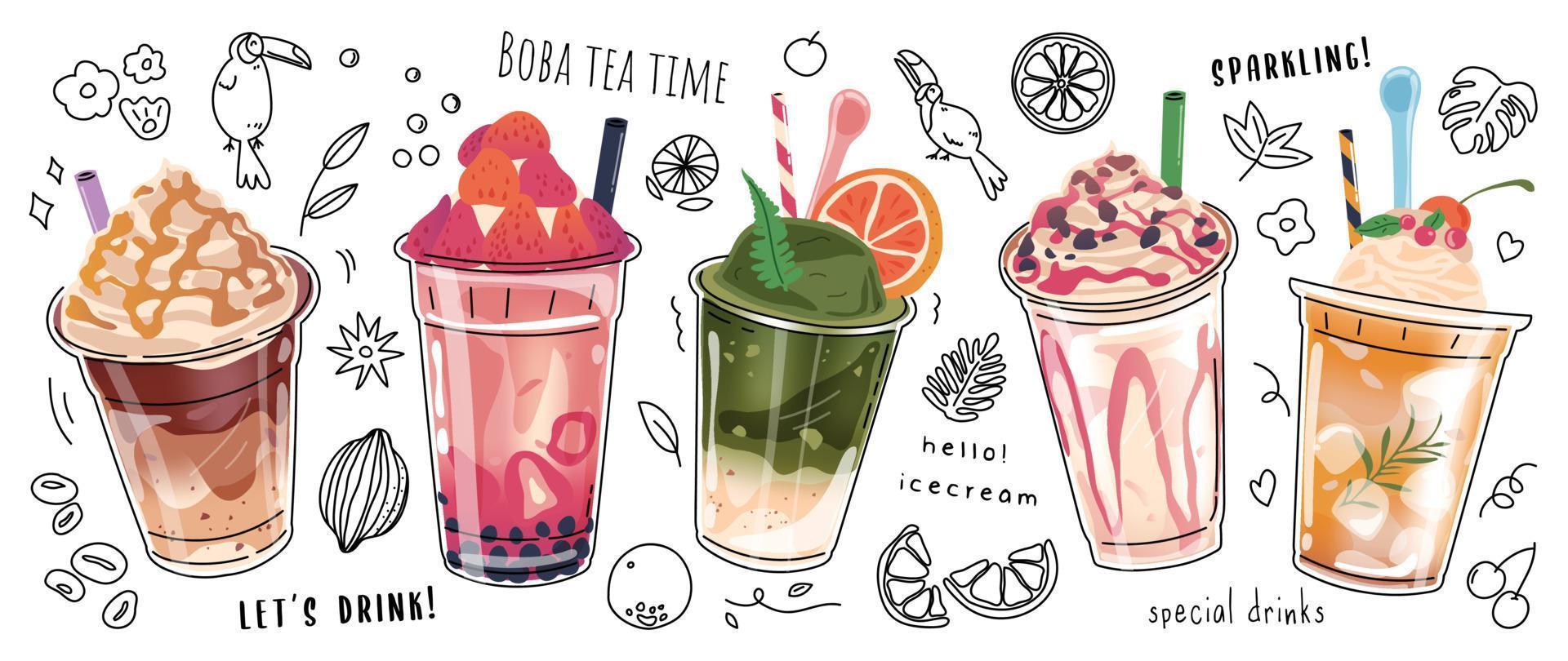 Bubble Milk Tea Special Promotions Design, Boba Milk Tea, Perlmilchtee, leckere Getränke, Kaffee, prickelnde Erfrischungsgetränke mit Logo und Werbebanner im Doodle-Stil, Poster. Vektor-Illustration. vektor