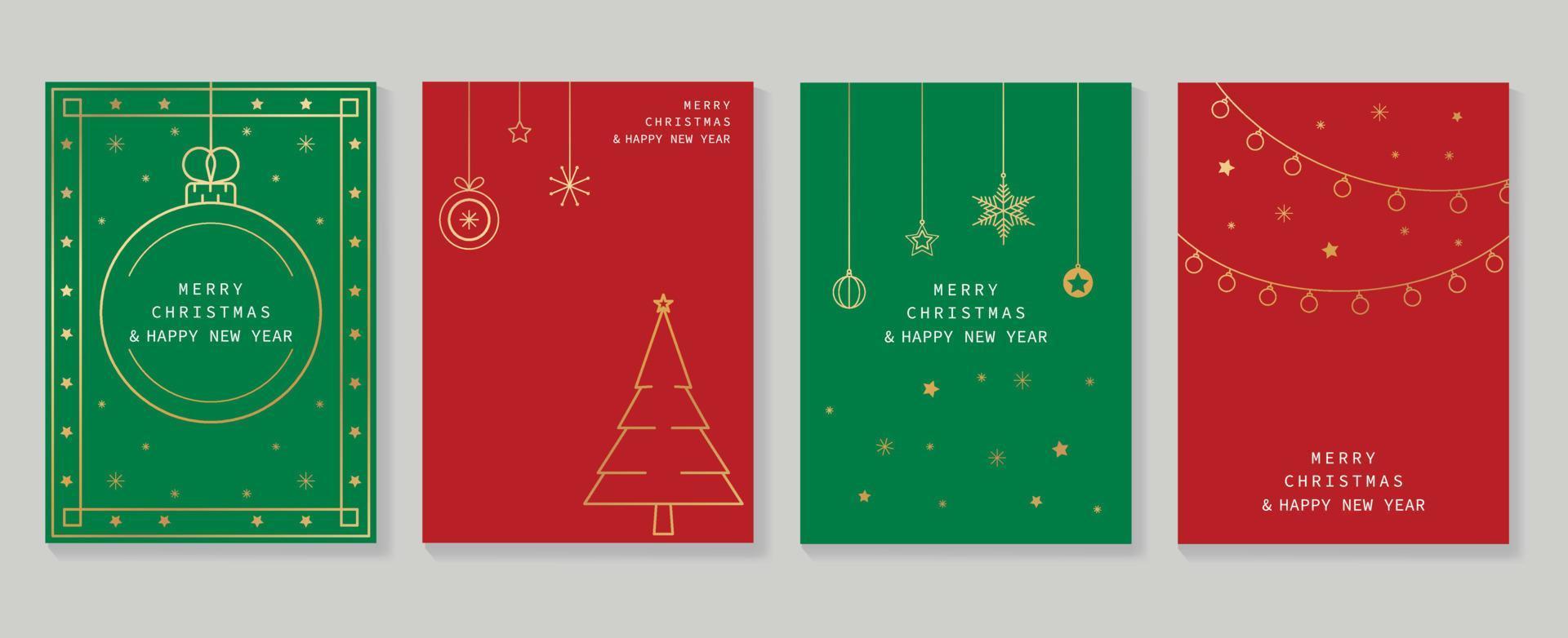 uppsättning av lyx jul och ny år kort konst deco design vektor. elegant guld linje konst av jul träd, snöflinga, struntsak, stjärna, ljus tråd. design för omslag, hälsning kort, skriva ut, posta, hemsida. vektor
