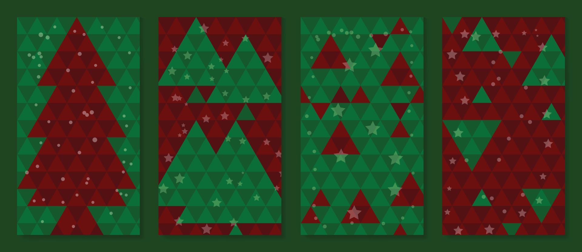 uppsättning av jul mall affisch. triangel pixel röd och grön mönster bakgrund med jul träd form, snö, stjärna. design illustration för baner, kort, social media, reklam, hemsida. vektor