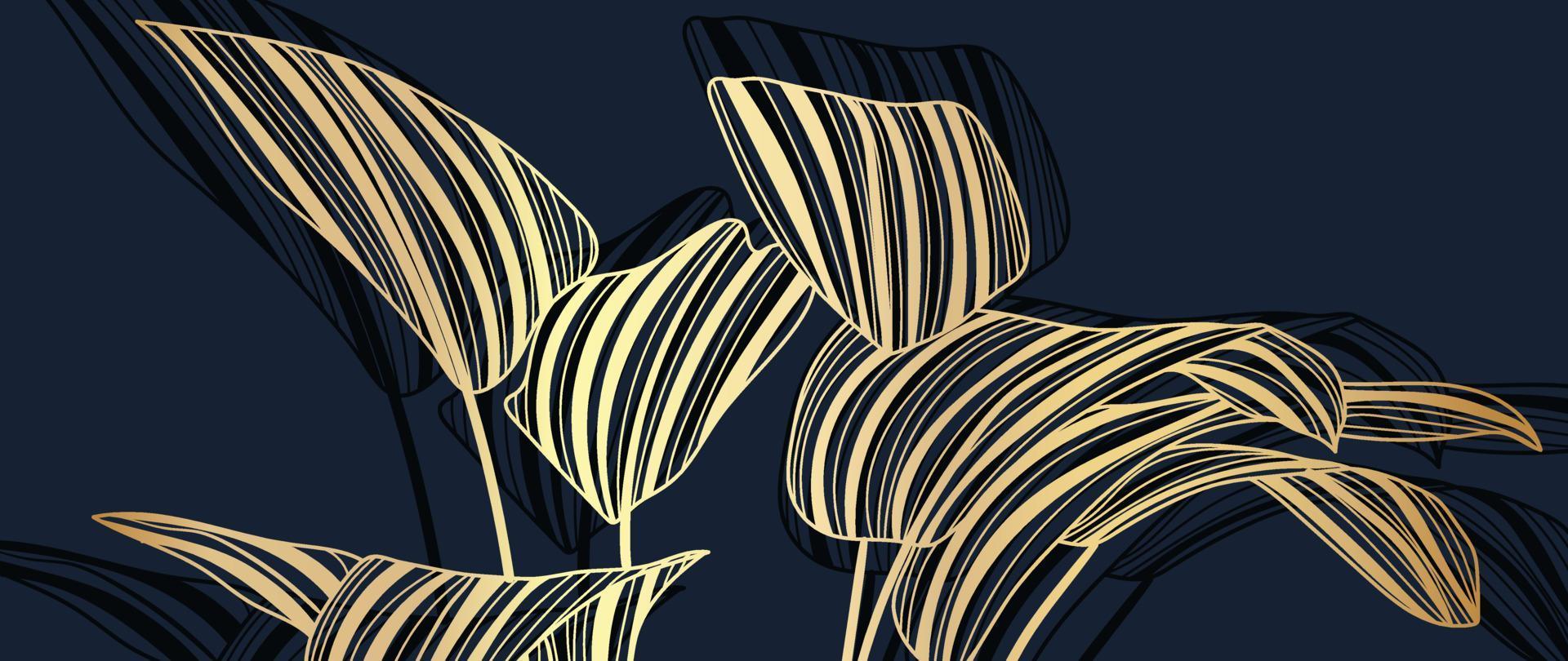 luxus goldene blätter linie kunst hintergrundvektor. natürliche tropische blattgoldstrichkunst auf dunklem hintergrund. designillustration für dekoration, wanddekoration, tapete, cover, banner, poster, karte. vektor