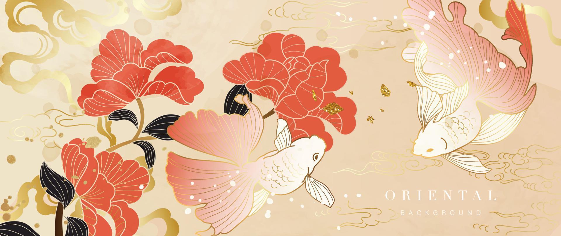 lyx guld orientalisk stil bakgrund vektor. tapet design med elegant kinesisk guldfisk och blommor med orientalisk lutning guld vatten Vinka textur. design illustration för dekoration, vägg dekor. vektor
