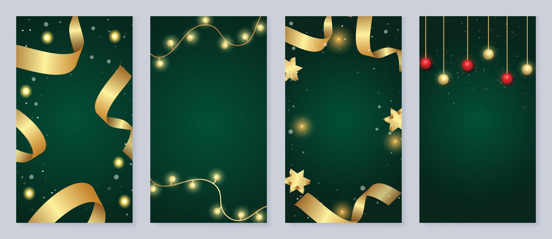 uppsättning av lyx jul mall affisch. lutning gyllene jul element av band, glöd ljus tråd, stjärna, hängande bollar. design illustration för baner, kort, social media, reklam, hemsida. vektor