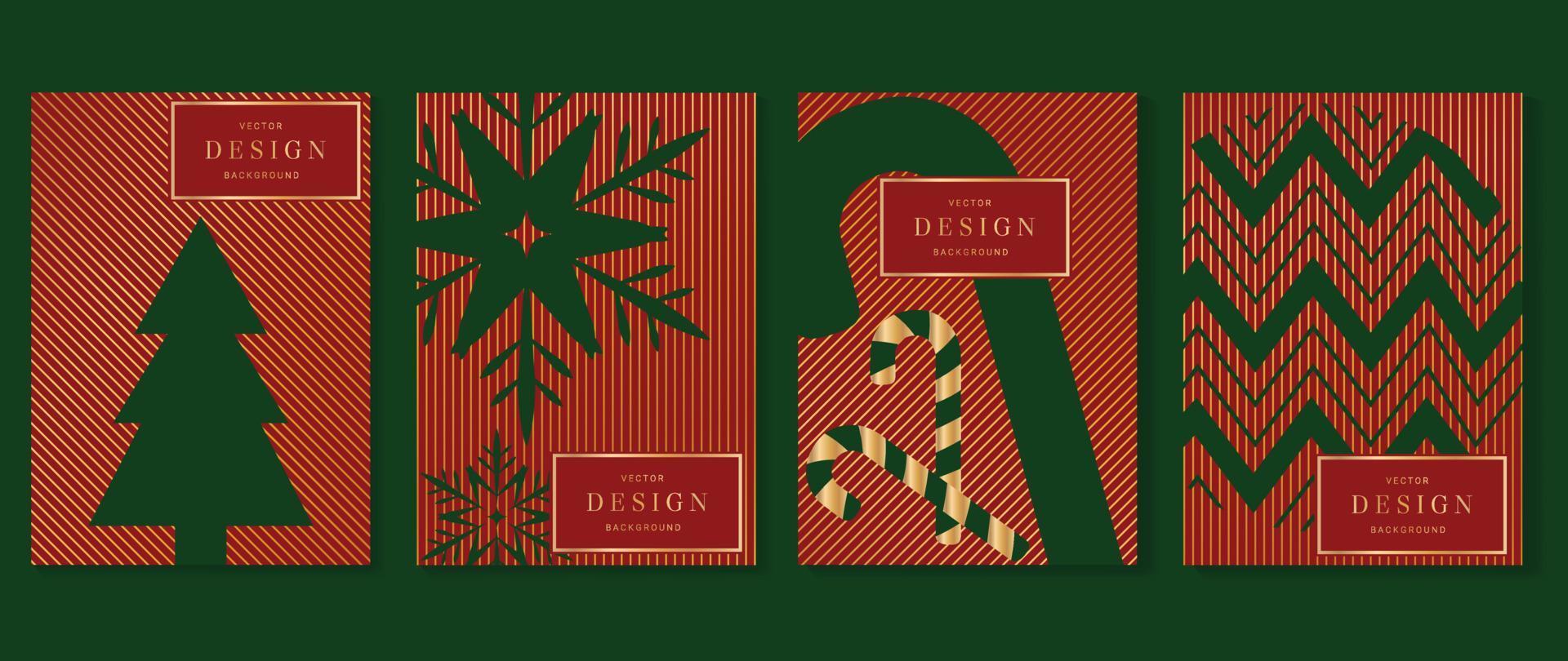 satz von luxus weihnachtseinladungskarte art deco design vektor. grüne Schneeflocke, Baum, Zuckerstange auf goldgestreiften Linien mit rotem Hintergrund. design für cover, grußkarte, druck, post, website. vektor