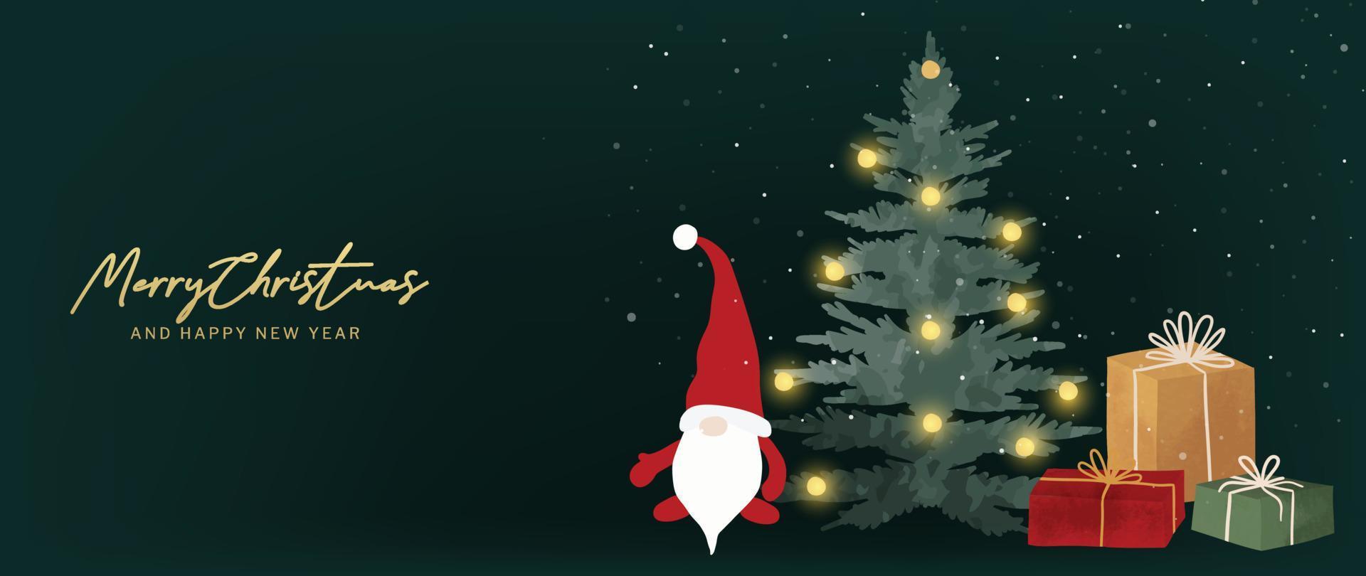 aquarell weihnachten und guten rutsch ins neue jahr hintergrundvektor. dekorativer handgemalter weihnachtsbaum mit goldener glühbirne, weihnachtsmann, schnee und geschenken. design für tapete, cover, einladungskarte, poster. vektor