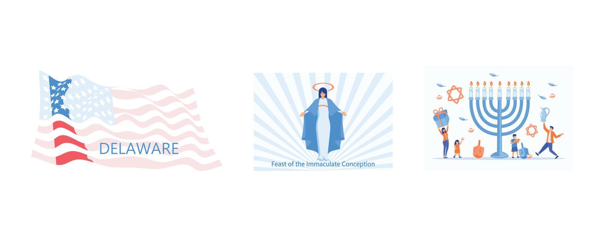 Form der Delaware-Staatskarte mit amerikanischer Flagge, Fest des Vektors der unbefleckten Empfängnis, glückliches Chanukka, gesetzte flache Vektor-moderne Illustration vektor