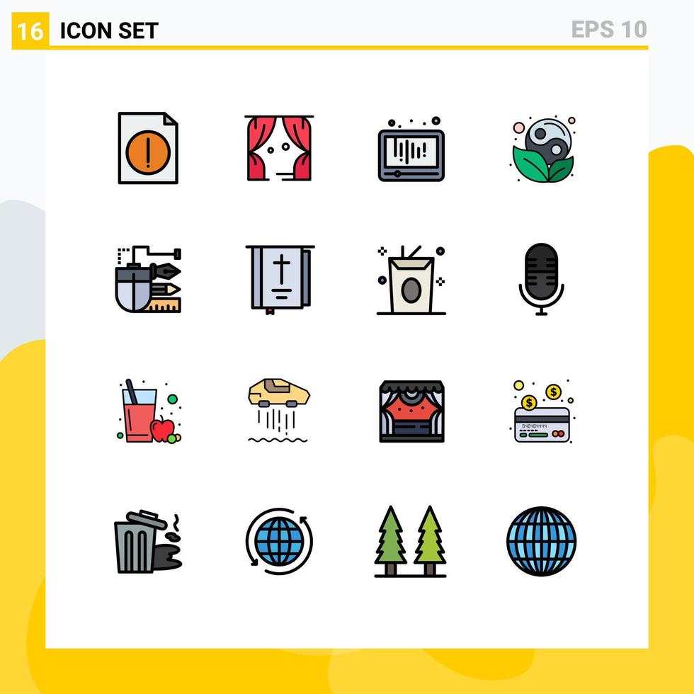 gruppe von 16 flachen farbgefüllten linien zeichen und symbole zum zeichnen von blattmedien yin-symbol editierbare kreative vektordesignelemente vektor