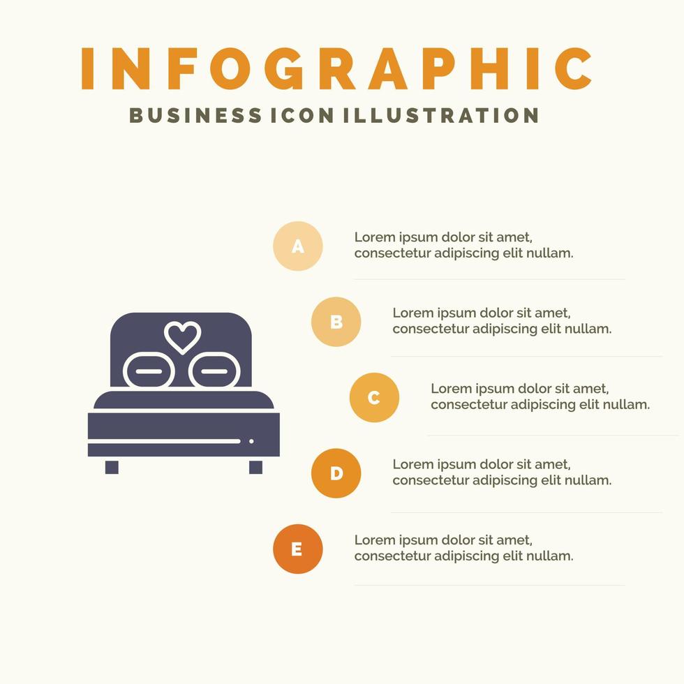 säng kärlek hjärta bröllop fast ikon infographics 5 steg presentation bakgrund vektor