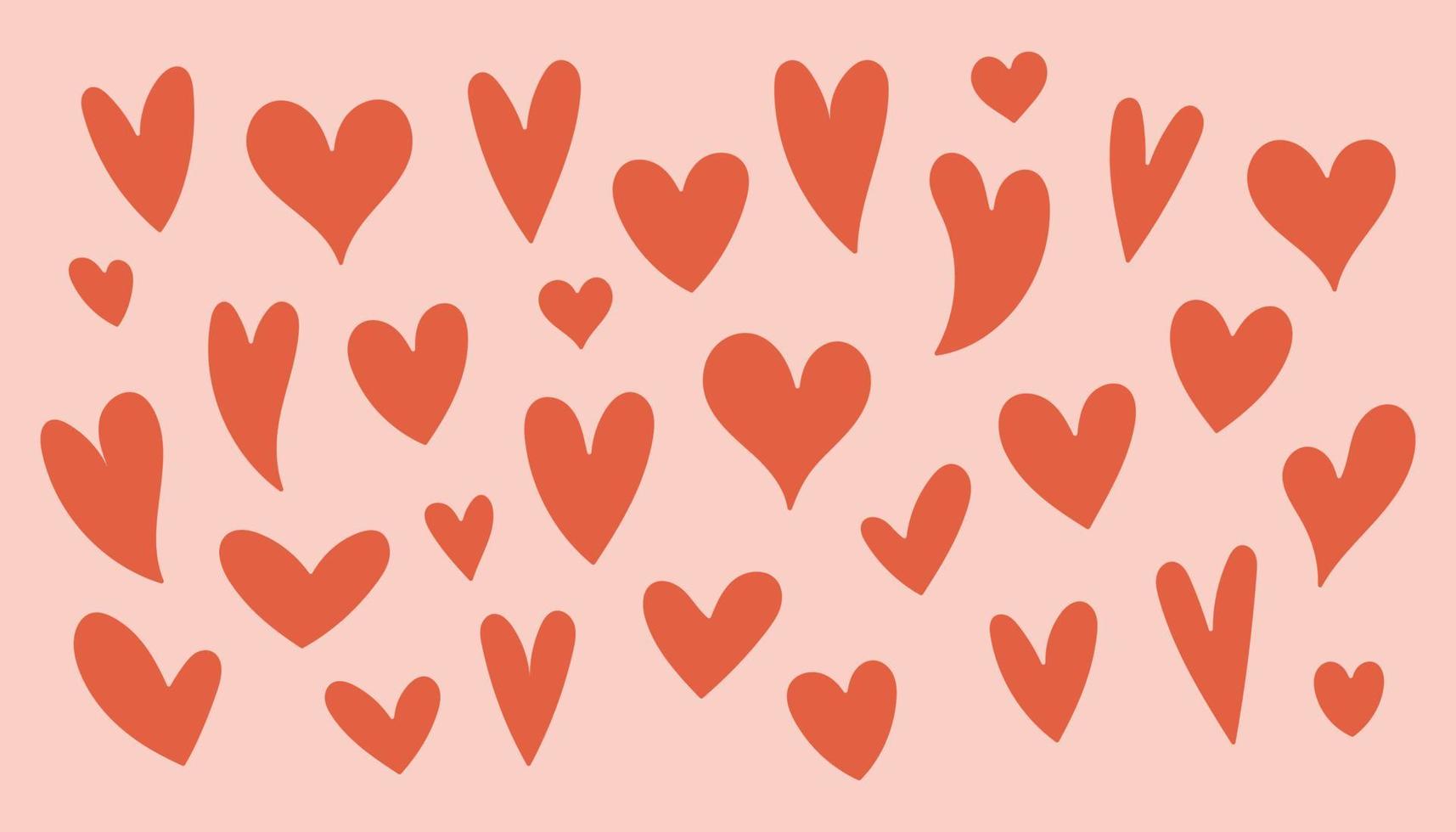 stor uppsättning av ritad för hand röd hjärtan på en rosa bakgrund. enkel hjärtan. klotter stil. vektor illustration.