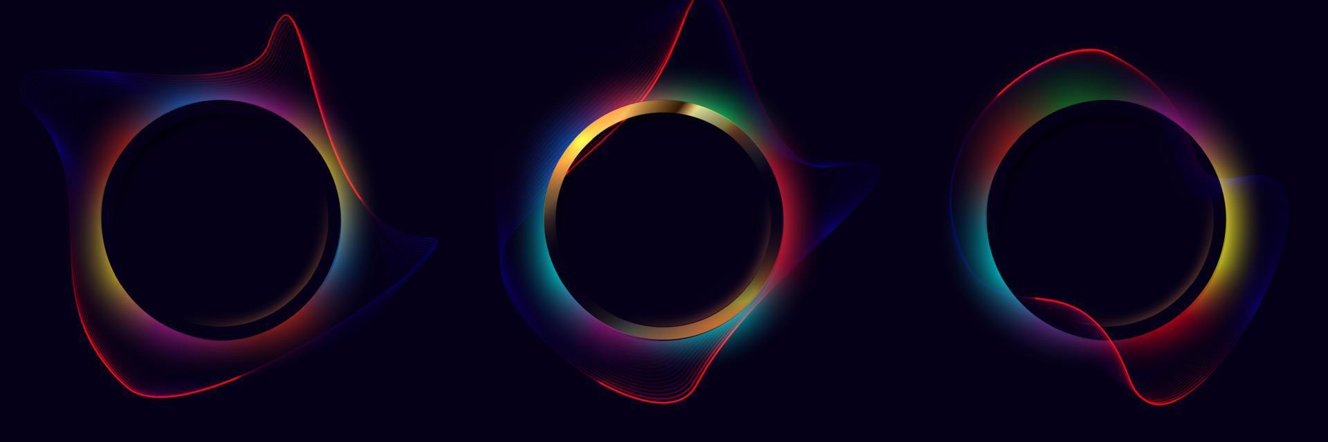 satz von kreisrahmen mit neon leuchtenden mehrfarbigen wellenförmigen dynamischen linien rund um leuchten und wirbellichteffekt auf schwarzem hintergrund. vektor