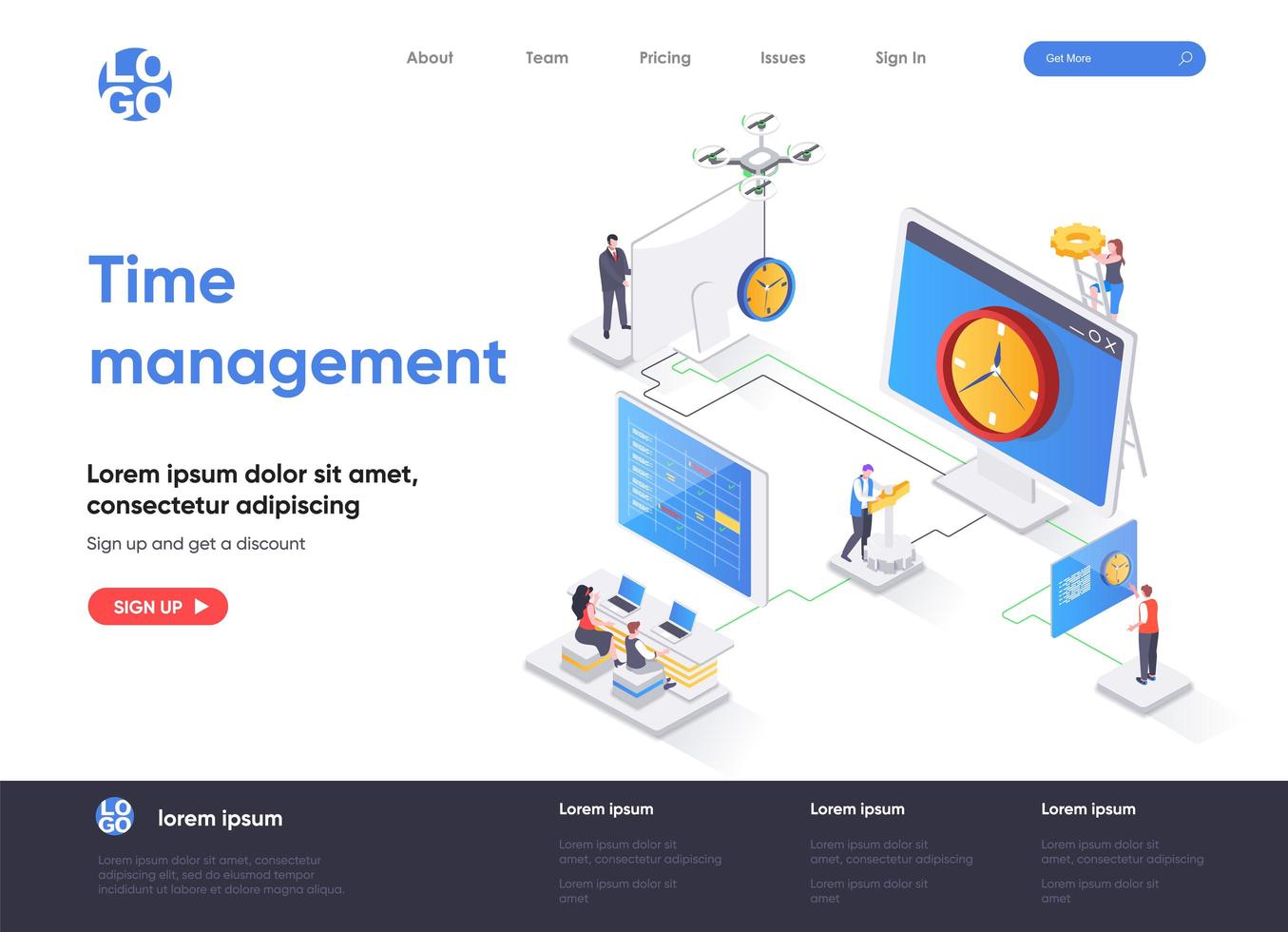 Zeitmanagement isometrische Landing Page vektor