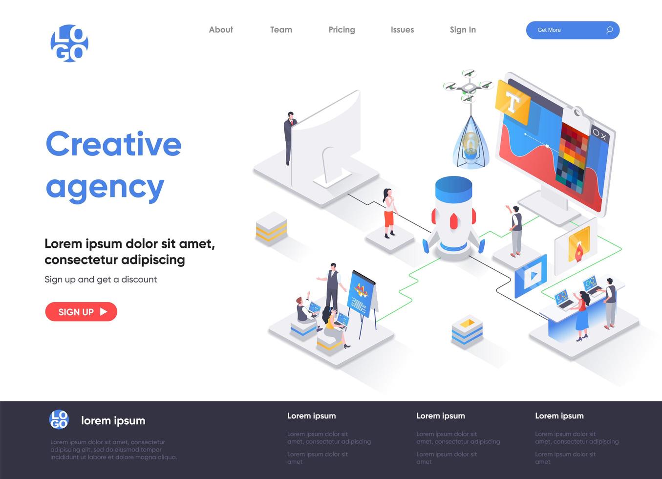 isometrische Landingpage der Kreativagentur vektor