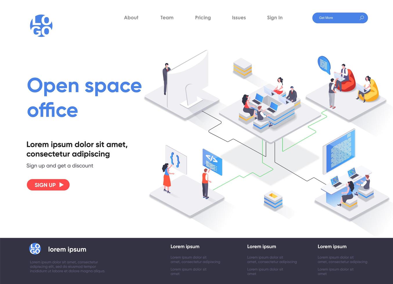 isometrische Landingpage für Open Space-Büros vektor