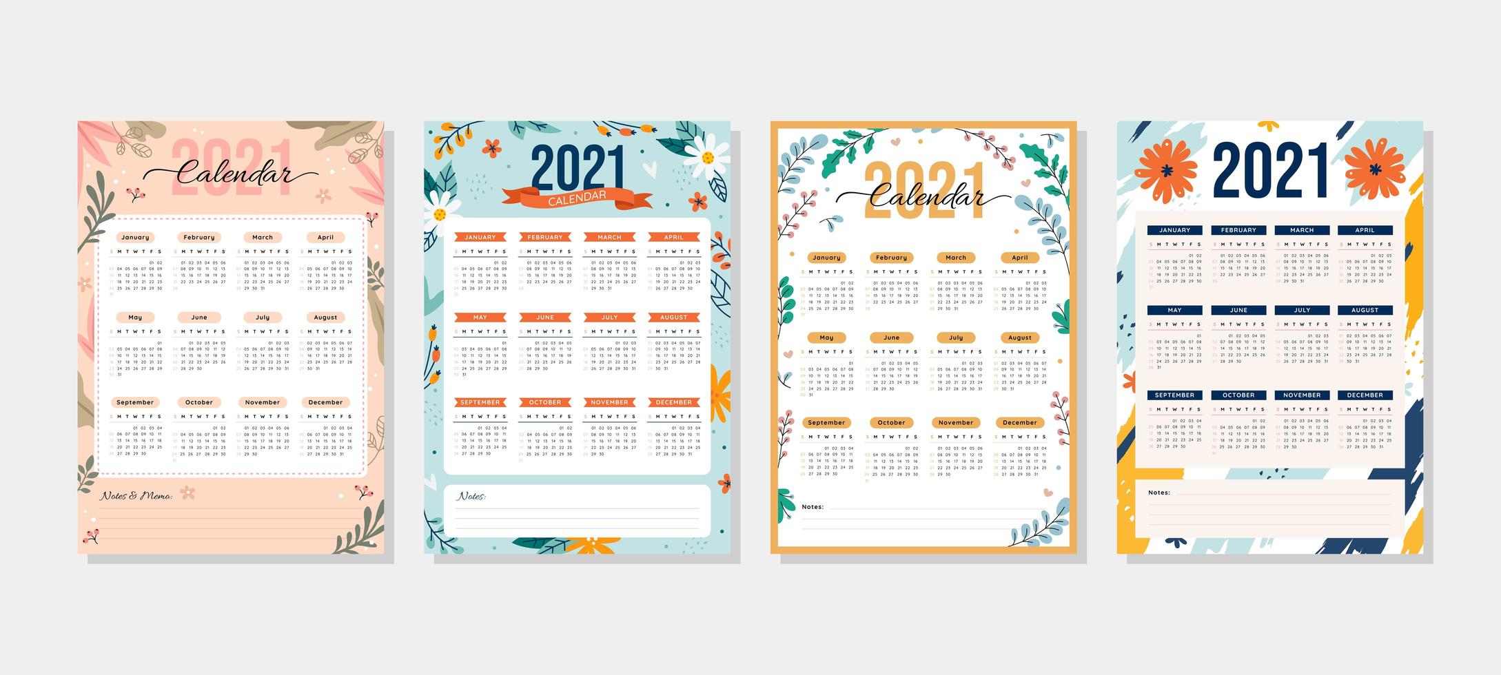 2021 kalender med blommigt tema vektor