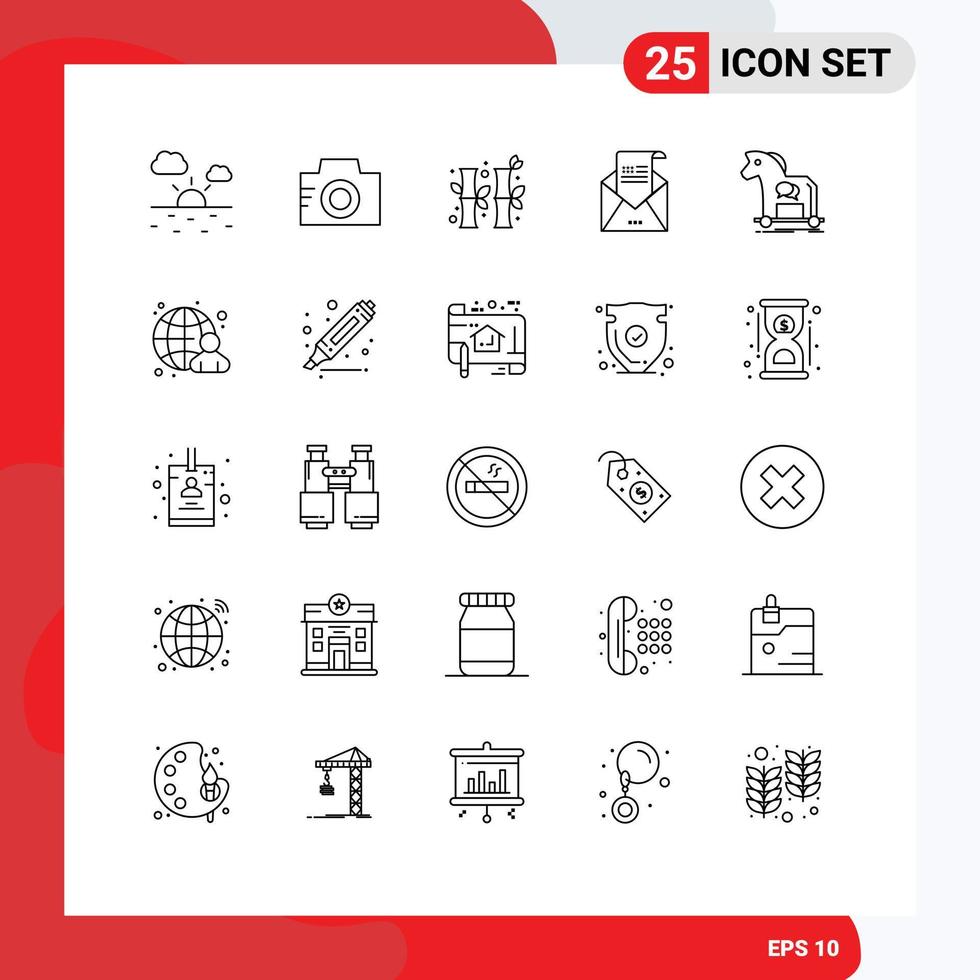 linje packa av 25 universell symboler av häst post Kina inbjudan kuvert redigerbar vektor design element