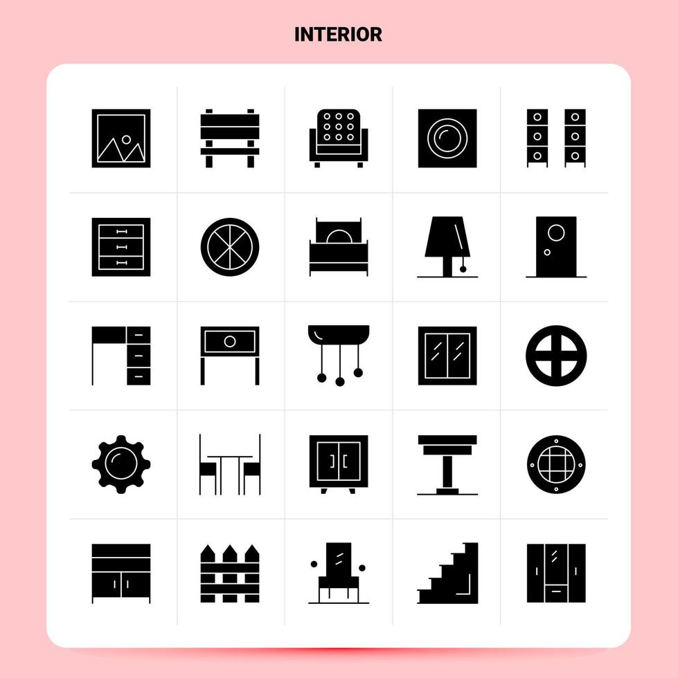 Solid 25 Interior Icon Set Vektor Glyphen Stil Design schwarze Icons Set Web und mobile Geschäftsideen Design Vektor Illustration