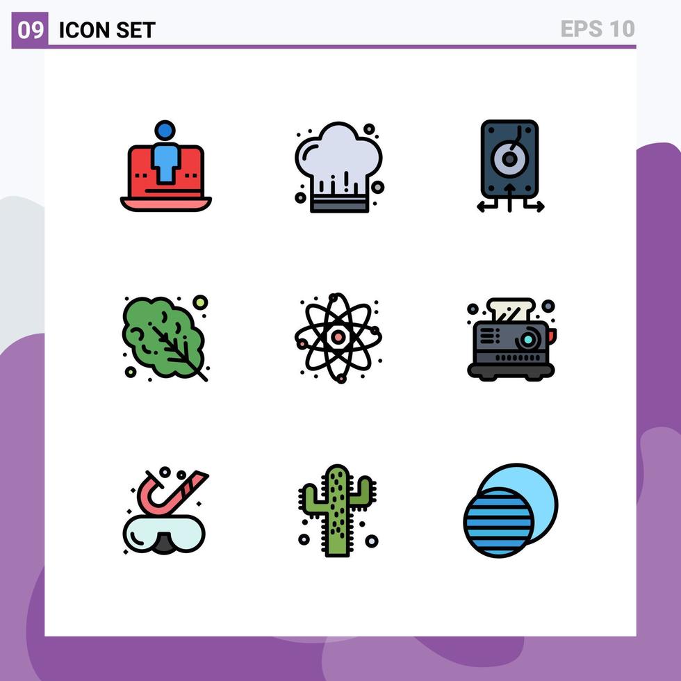 Gruppe von 9 modernen Filledline-Flachfarben für Physik-Salat-Restaurant verlässt Server editierbare Vektordesign-Elemente vektor
