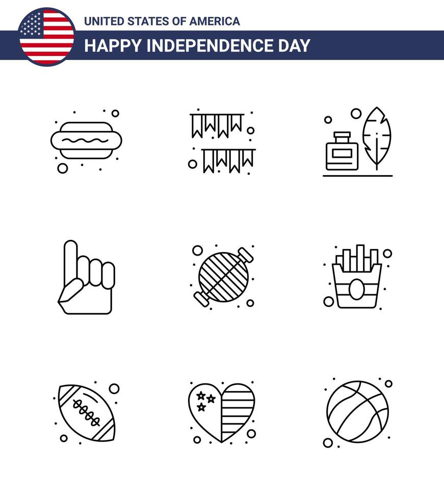USA Lycklig oberoende dag piktogram uppsättning av 9 enkel rader av mat USA fest hand amerikan redigerbar USA dag vektor design element