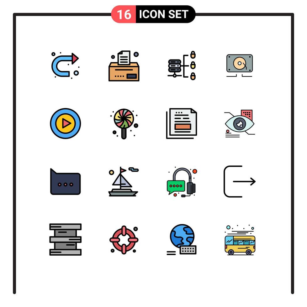 moderner Satz von 16 flachen, farbig gefüllten Linien Piktogramm des Geburtstagsspiels sicherer Webserver Studiolautsprecher editierbare kreative Vektordesignelemente vektor