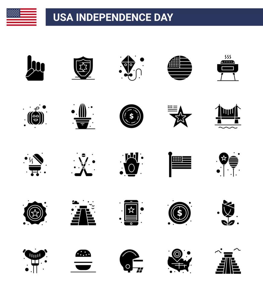 grupp av 25 fast glyf uppsättning för oberoende dag av förenad stater av Amerika sådan som Semester firande sommar grilla tacksägelse redigerbar USA dag vektor design element