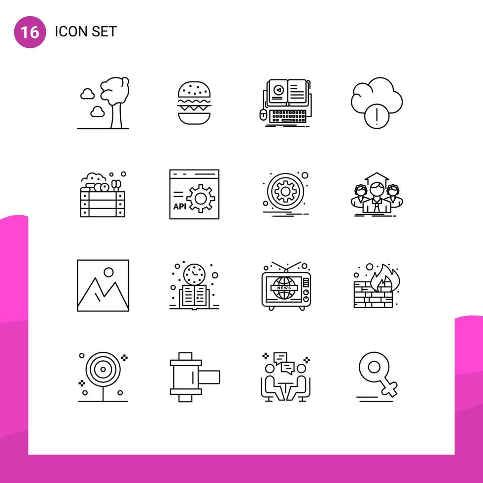Aktienvektor-Icon-Pack mit 16 Zeilenzeichen und Symbolen für landwirtschaftliche E-Book-Datenwarnungen für bearbeitbare Vektordesign-Elemente vektor