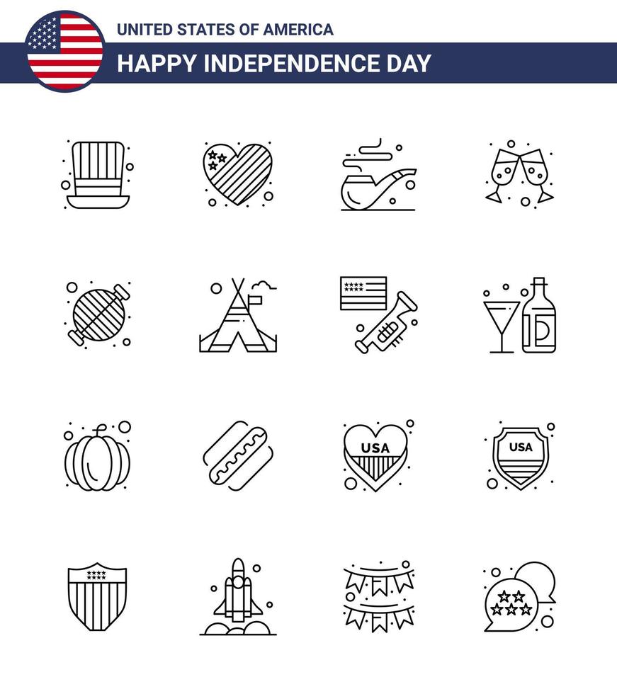 Usa Happy Independence Day Piktogrammsatz aus 16 einfachen Linien von Grill Barbecue Pipe Food Wein editierbare Usa Day Vektordesign-Elemente vektor