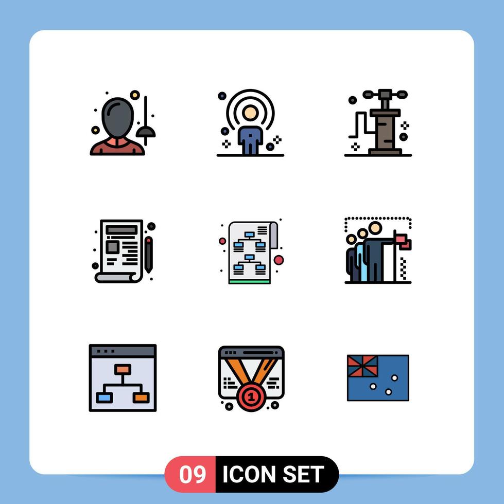 Gruppe von 9 modernen Filledline-Flachfarben für die Strategiezeichnung Rekrutierungsentwicklung Blueprint editierbare Vektordesign-Elemente vektor