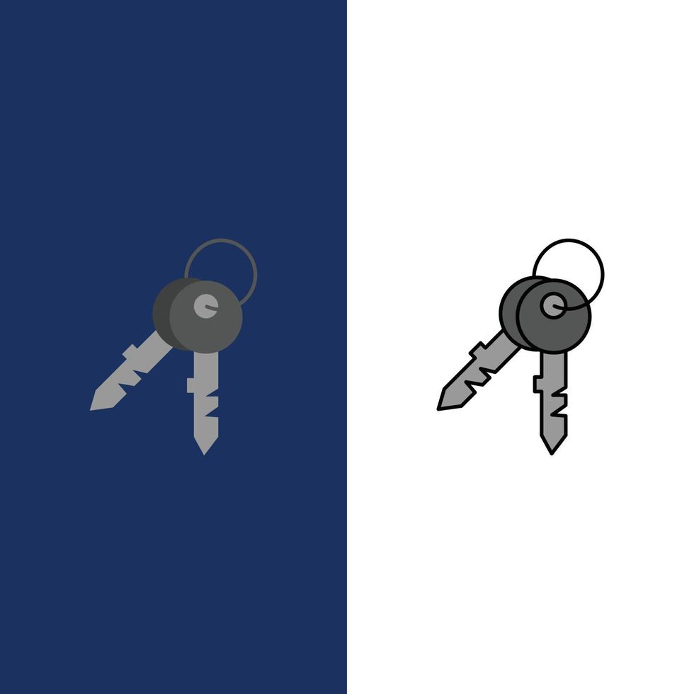 Schlüssel Tür Haus Home Symbole flach und Linie gefüllt Icon Set Vektor blauen Hintergrund