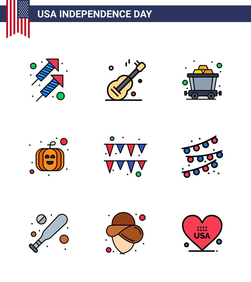 4:e juli USA Lycklig oberoende dag ikon symboler grupp av 9 modern platt fylld rader av buntings krans vagn festival pumpa redigerbar USA dag vektor design element