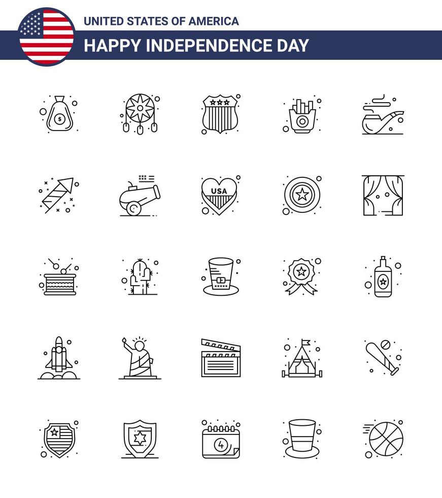 USA Happy Independence Day Piktogrammsatz aus 25 einfachen Linien von St. Pipe-Abzeichen-Chips Lebensmittel editierbare USA-Tag-Vektordesign-Elemente vektor