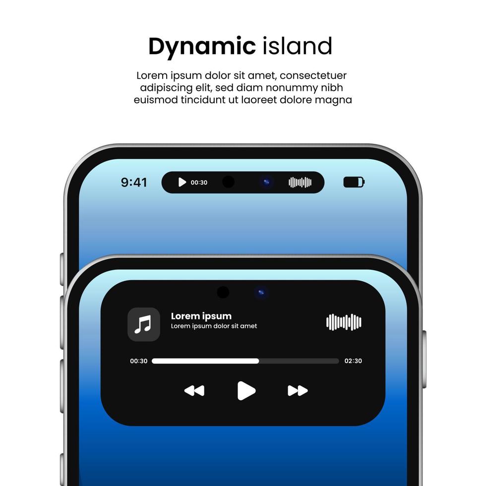 musik spelare på dynamisk ö. hög kvalitet smartphone vektor mockup. musik underrättelse som dynamisk ö.