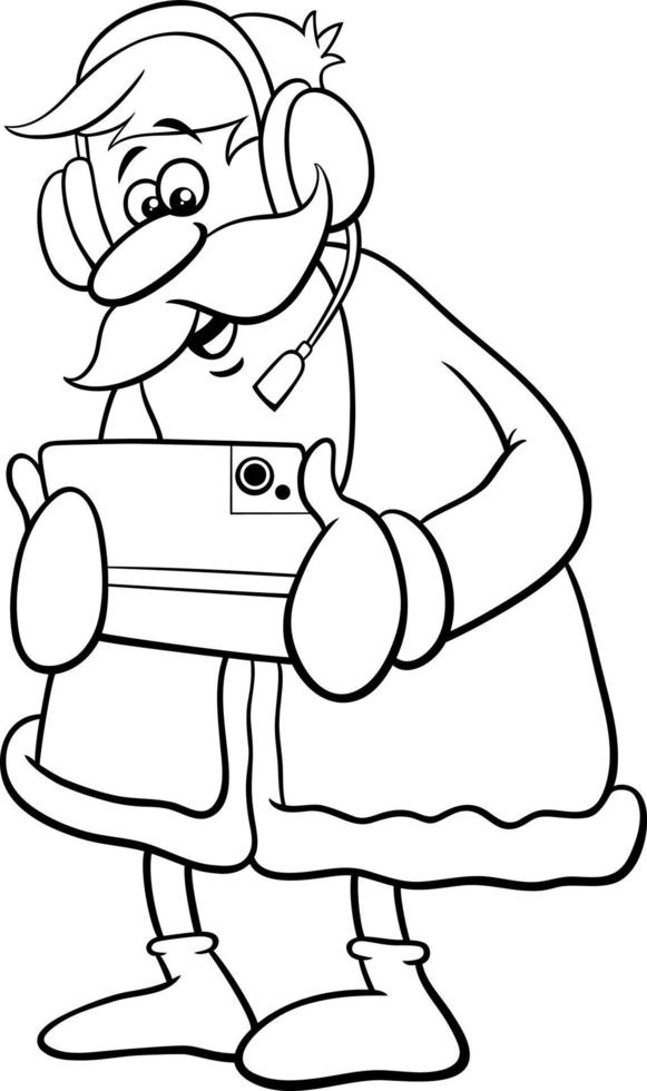 cartoon weihnachtsmann mit tablette und headset zum ausmalen vektor