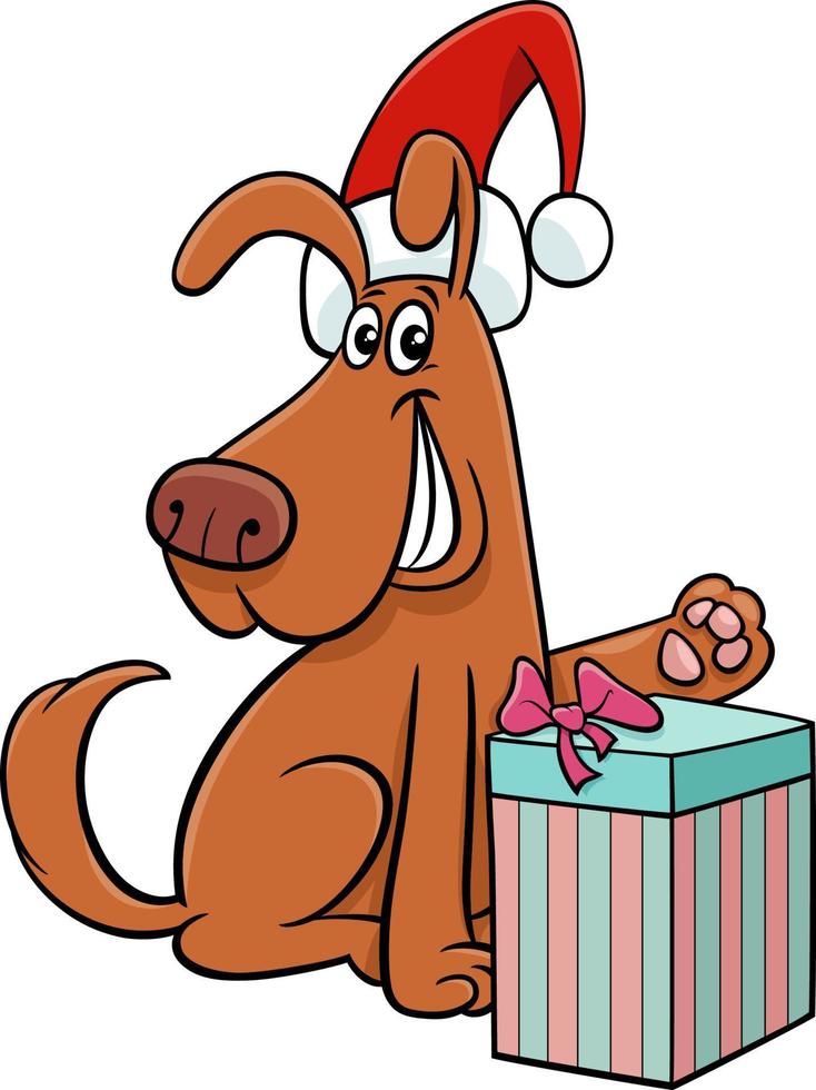 lustiger karikaturhund mit geschenk zur weihnachtszeit vektor