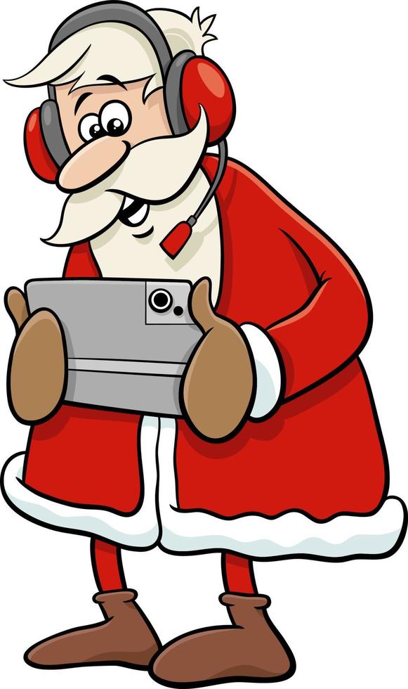 Cartoon-Weihnachtsmann mit Tablet und Headset vektor