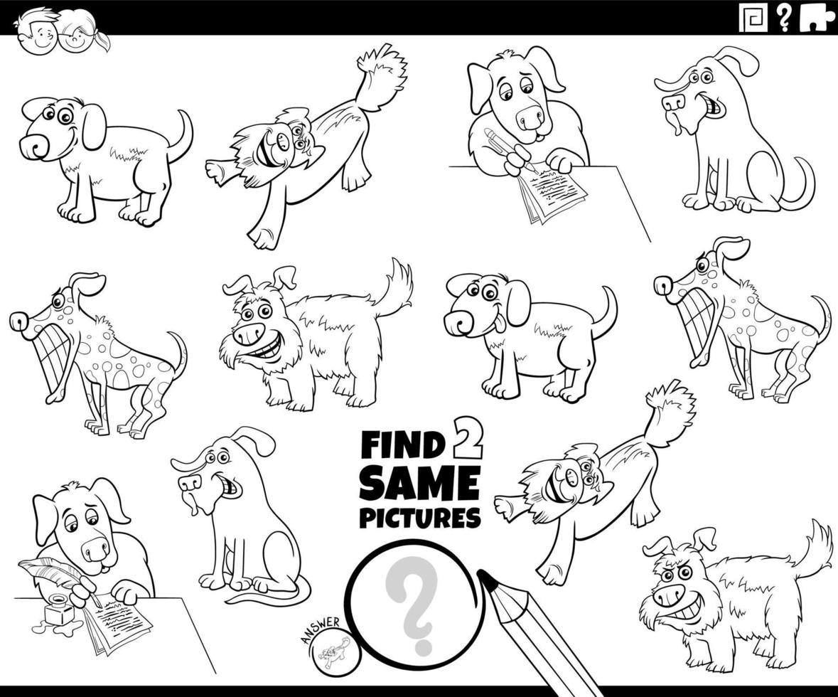 hitta två samma tecknad serie hundar spel färg sida vektor
