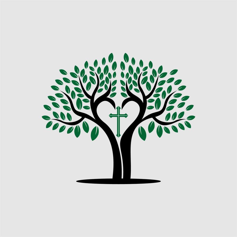 träd med korsa symbol logotyp design vektor
