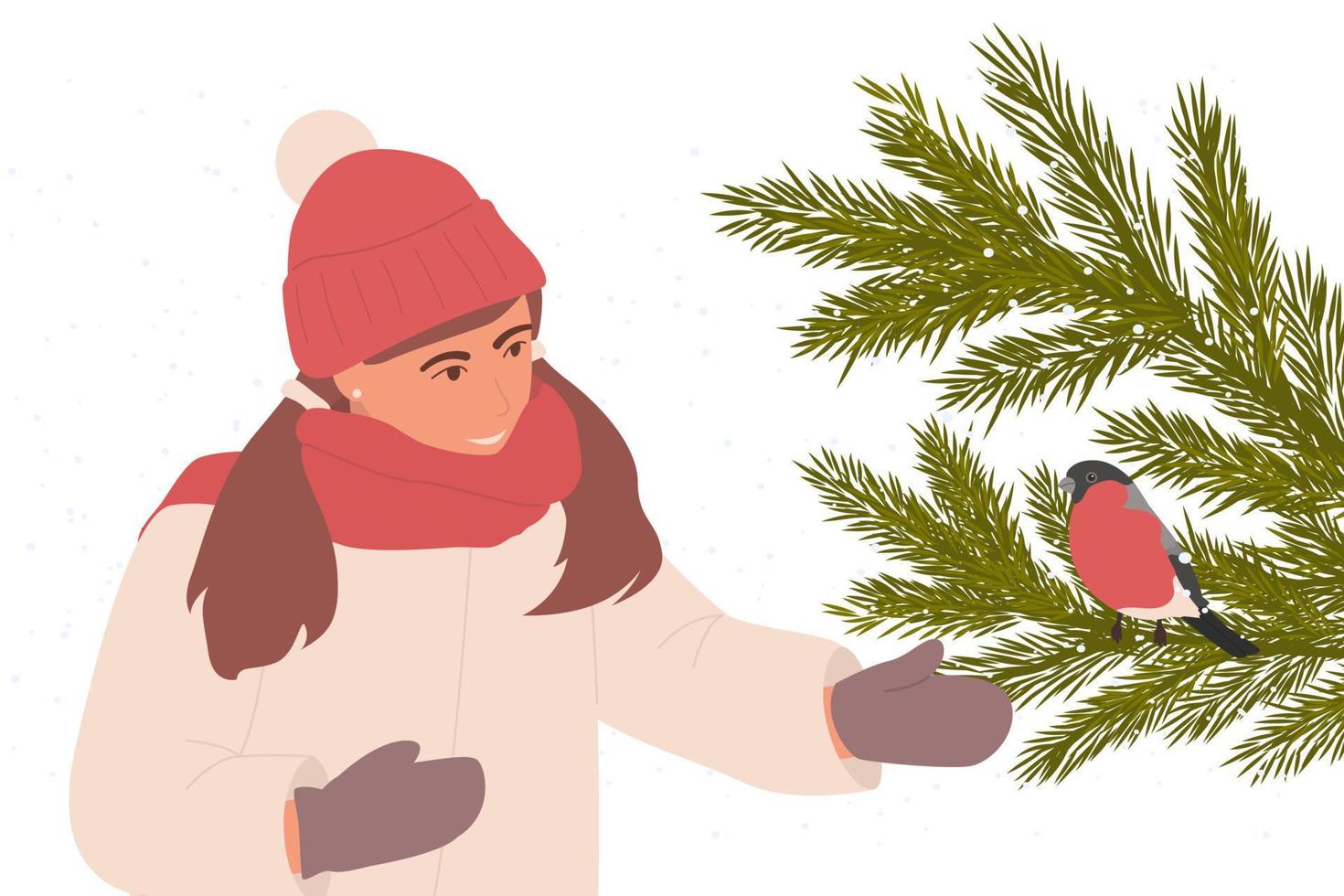 flicka med domherre fågel på en gran isolerat på vit bakgrund. små söt domherre fågel vektor illustration jul hälsning kort