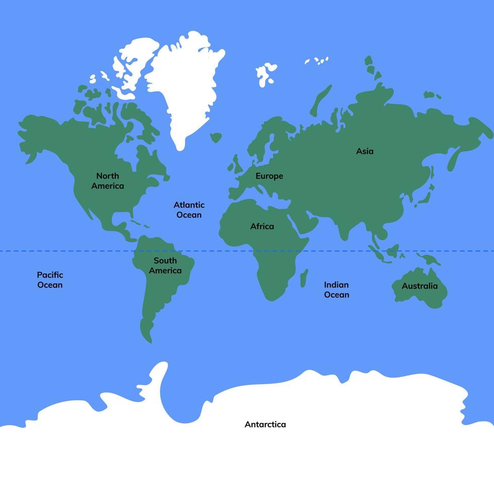 värld Karta Färg med namn av kontinenter och hav. silhuett Karta. grön och blå färger. platt vektor illustration.