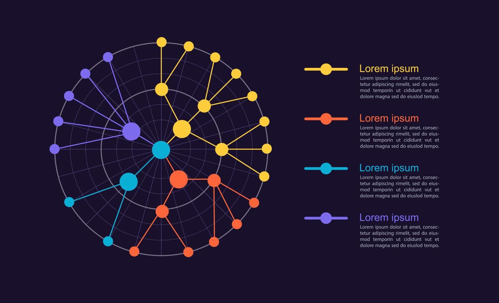 företag nätverkande infographic cirkel punkt Diagram design mall för mörk tema. redigerbar infochart med data poäng. visuell data presentation vektor