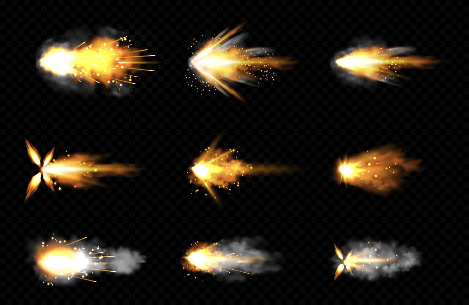 realistisk uppsättning av pistol skott med brand och rök vektor