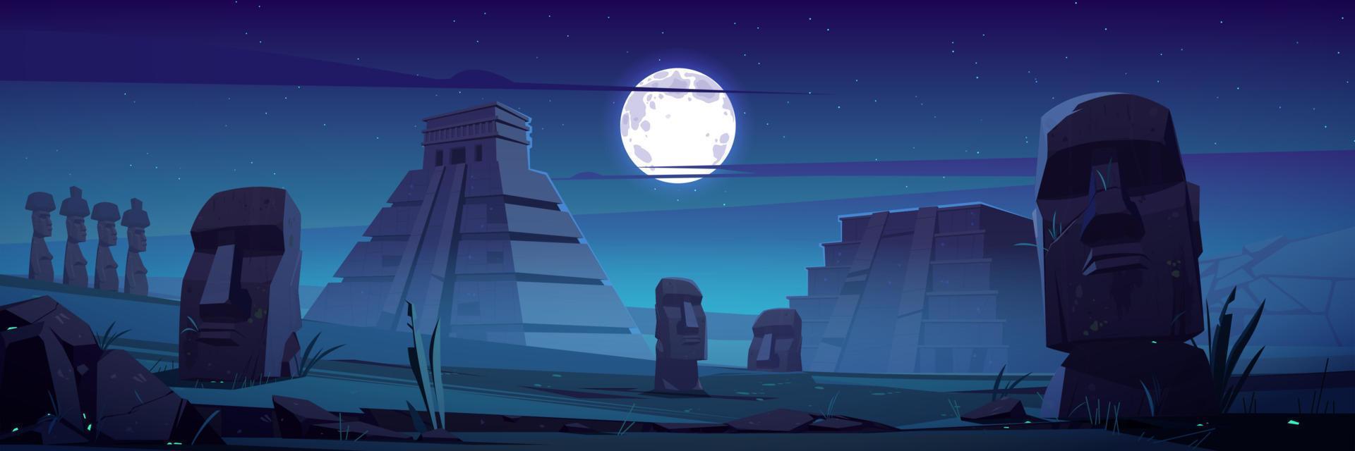 Moai-Statuen und Pyramiden bei Nacht berühmtes Wahrzeichen vektor