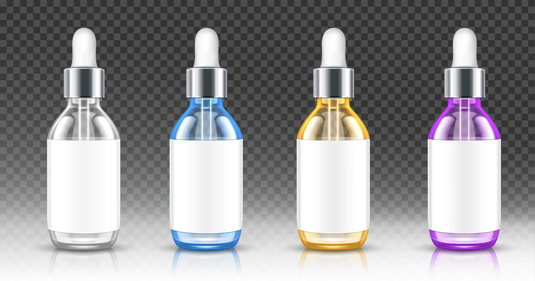 realistisk glas flaskor med dropper serum eller olja vektor
