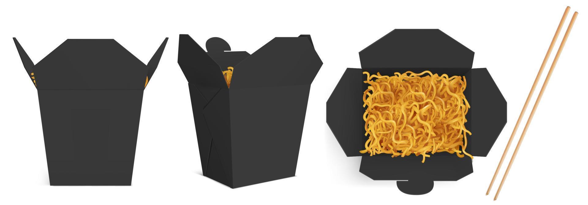 wok låda spaghetti mockup, ta bort mat behållare vektor