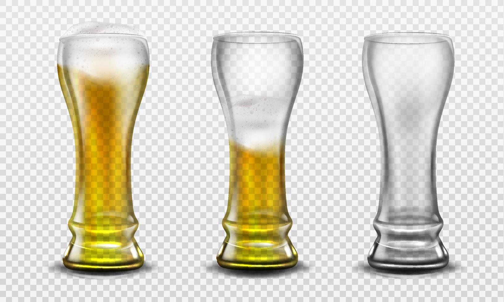 großes Glas voll Bier, halb voll und leer vektor